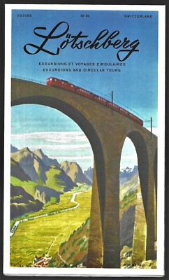 Vintage Lotschberg Schweiz Prospekt Bildkarte Zug Touren Reisen 