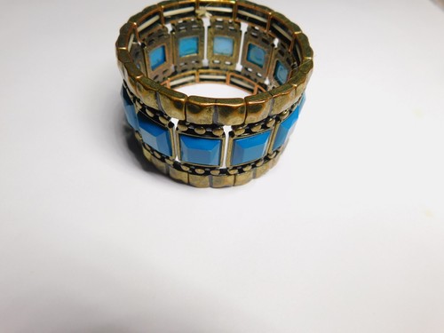 Blau Acryl Quadrat Perlen Strukturiert Dunkel Gold Ton Metall Stretch Armband Vintage - Bild 2 von 4
