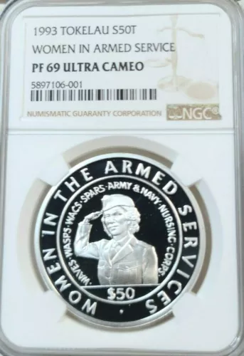 1993 TOKELAU SILVER 50 TALA WOMEN IN ARMED SERVICE NGC PF 69 ULTRA CAMEO BEAUTY