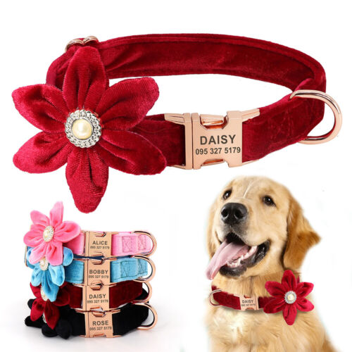 Red Velvet Dog Collar Engraved Big Flower Personalised Custom Pet ID Name Number - Photo 1 sur 16