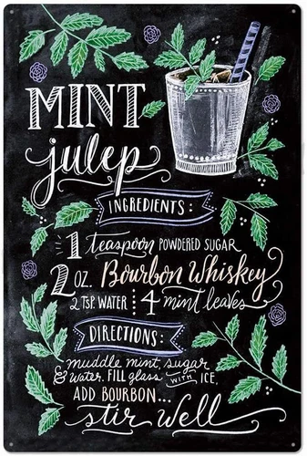 Vintage Mint Julep Cocktail Recipe Tin Metal Signs Wall Art Decoration Funny Pub