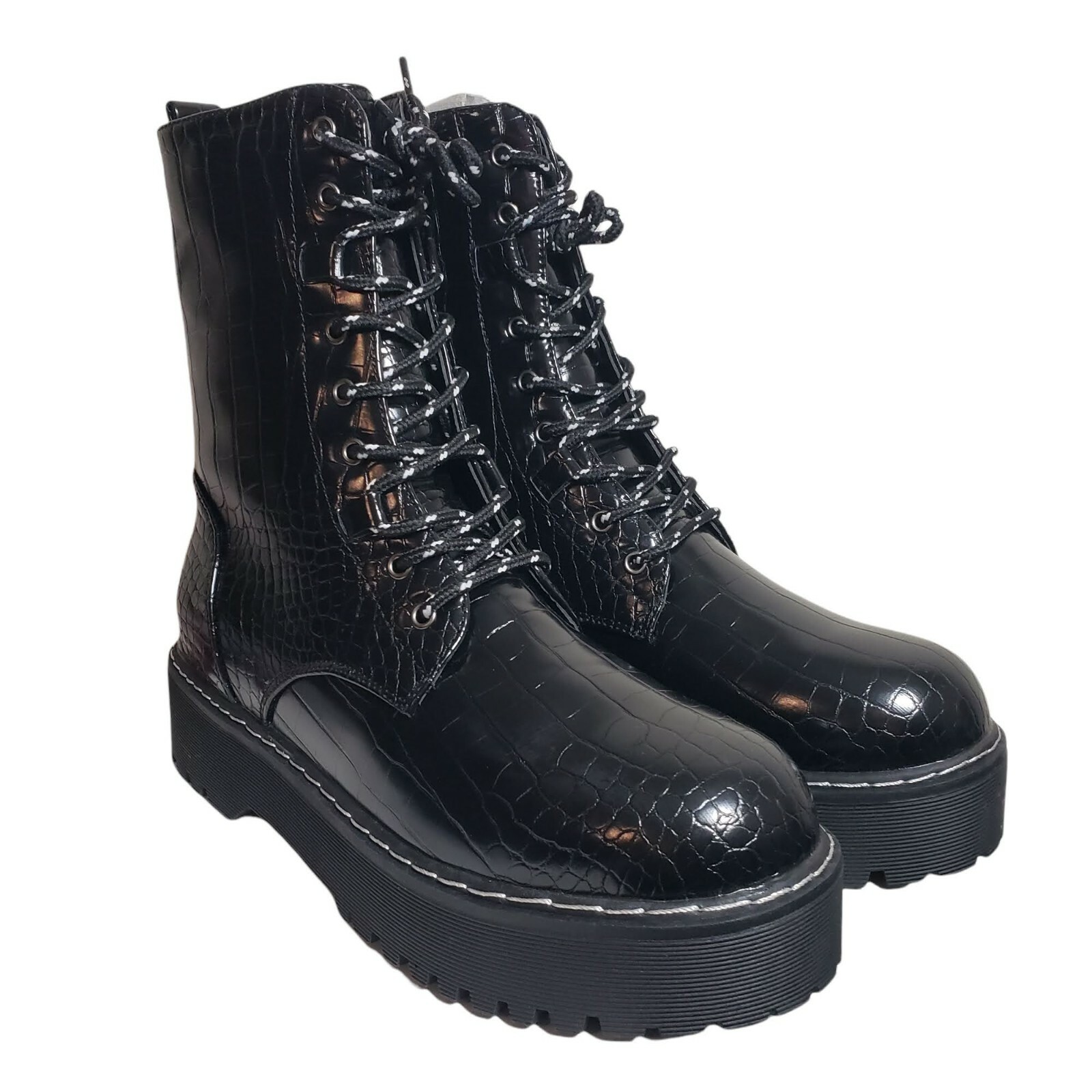 SAOLA Stivali da combattimento Olivia Miller donna Freya neri stampa coccodrillo suola a strappo stringati taglia 10