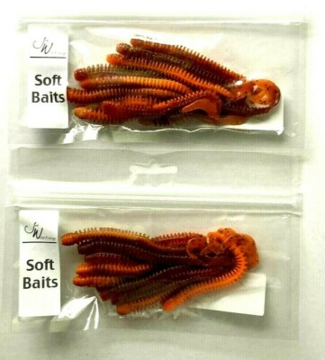 2 PACKS Jed Welsh 4'' Ribbed Curly Tail Worm Brown Orange Pepper Flake 10 Count