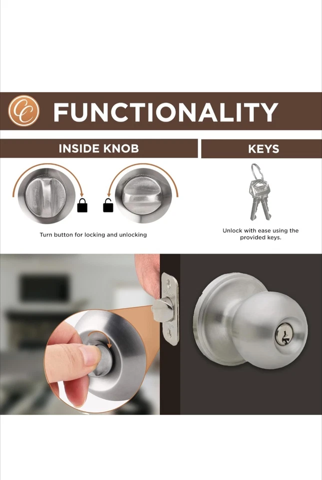 Perilla de puerta de bola Copper Creek BK2040SS-3 función de entrada con llave paquete de 3 en satinado S... Foto 2 de 4