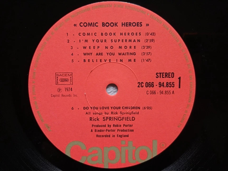 LP 33T RICK SPRINGFIELD "Comic Book Heroes" CAPITOL 2C066-94855 FRANCE 1973 ° - Photo 3/4