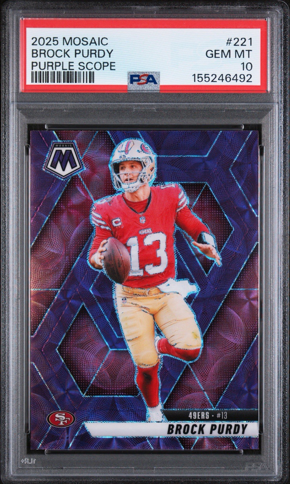 2025 PANINI MOSAIC #221 BROCK PURDY “PURPLE SCOPE” RARE!! PSA 10!! POP 2!! view 2