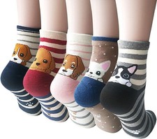5 Pairs Women  s Cute Animal Socks Dog  Cat Novelty Cartoon Crew Gift