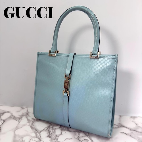 GUCCI GG Jackie Tote Hand Bag Turnlock Leather Sky Blue Gold Hardware From Japan