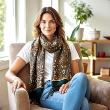 Burnout Velvet Vintage Oblong Scarf with Fringe Brown Black  Sheer Womens