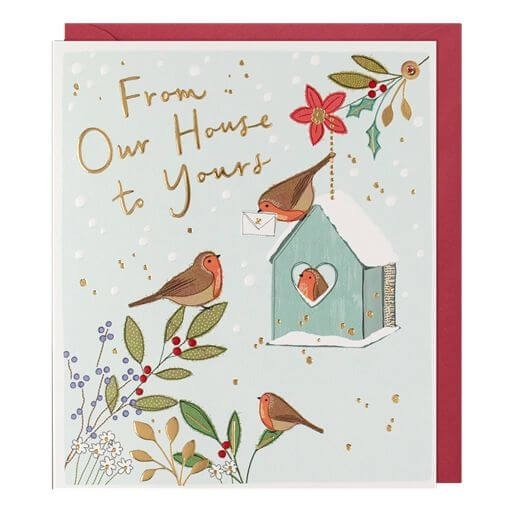 Traditional Christmas Card Our House to Yours Robin Bird Box – Festive Xmas Card