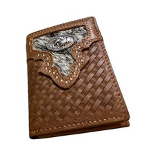 Western Stakes Mens Leather Tri Fold Wallet Basketweave Custom Cowboy Concho Cow