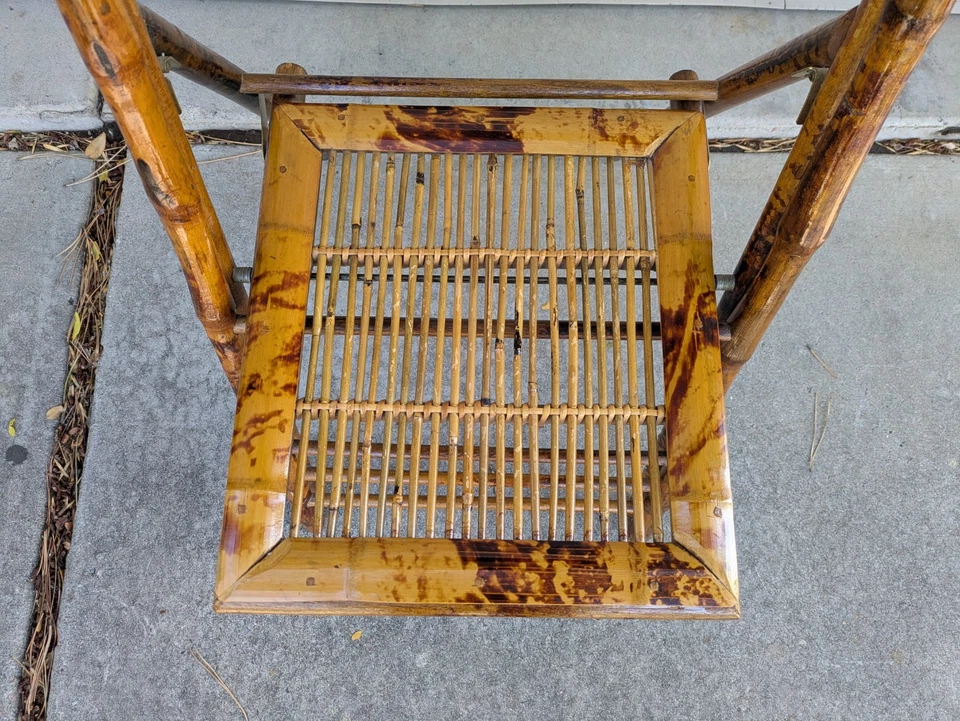 Vintage Burnt Tortoise Shell Bamboo Folding Chair Mid Century Modern Boho Chic - Image 3 of 4