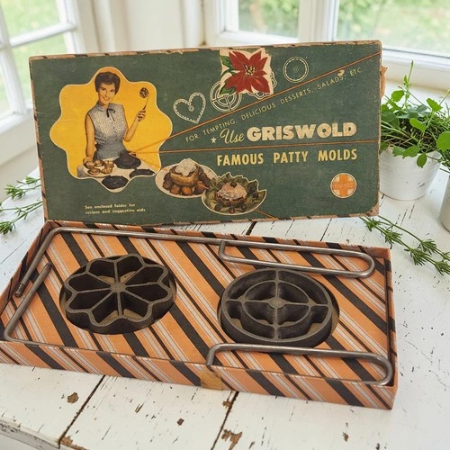 VTG Griswold Cast Iron Rosette Irons Patty Cookie Molds Set of 2 Handles & Box