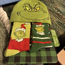 Dr. Seuss The Grinch Set, 2 Pairs Of Socks, Sock Size 9 - 11, And Beanie
