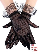 Satin Wedding  Tea Party Lace Gloves - Floral Bow Design for Girls 8-15 Black