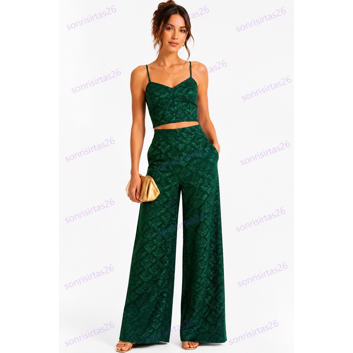Sandro Paris Emerald Green Jacquard Two Piece Set Crop Top Wide