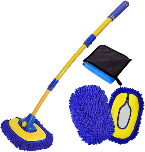 Car Wash Brush with Long Handle, Microfiber Blue Mop With Washing Cloth