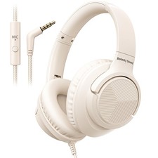 Wired Headphones with Microphone for School, 3.5mm Corded Headphones, Beige