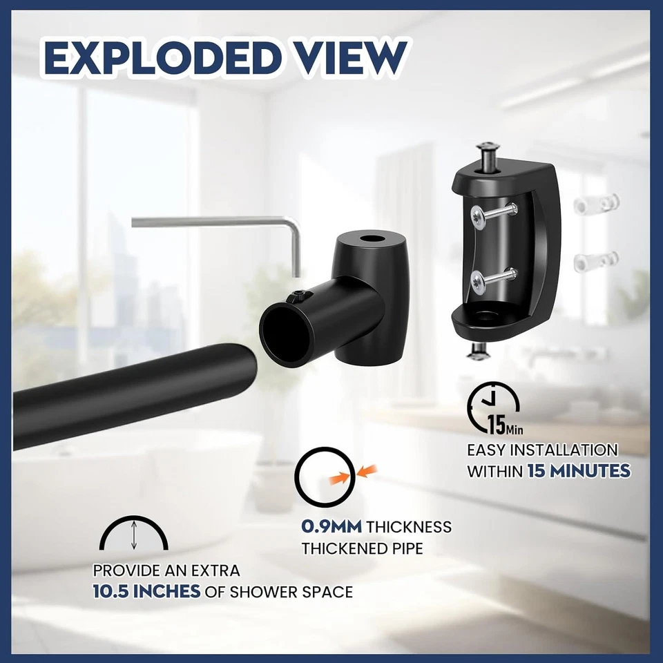 Black Curved Shower Curtain Rod 40-78 Inches Adjustable Splicing Design Shower R - Image 3 of 4