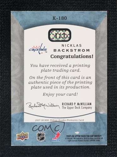 2007-08 Upper Deck Trilogy Rookie Premieres 1/1 Nicklas Backstrom #K-180 RC 0u8p - Foto 2 di 3
