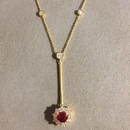 Halo Pendant Necklace 18k Yellow Gold | Natural Ruby Diamond CT Greek EL GRECO