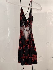 Fashion Nova Black Red Dragon Print V-Neck Strappy Slip Mini Dress Size M