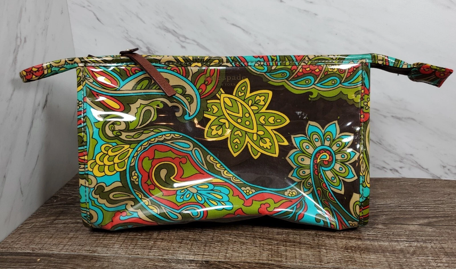 ☆ ~ Borsa cosmetica Kate Spade custodia trucco da viaggio rivestita in tessuto verde rosso blu~ ☆