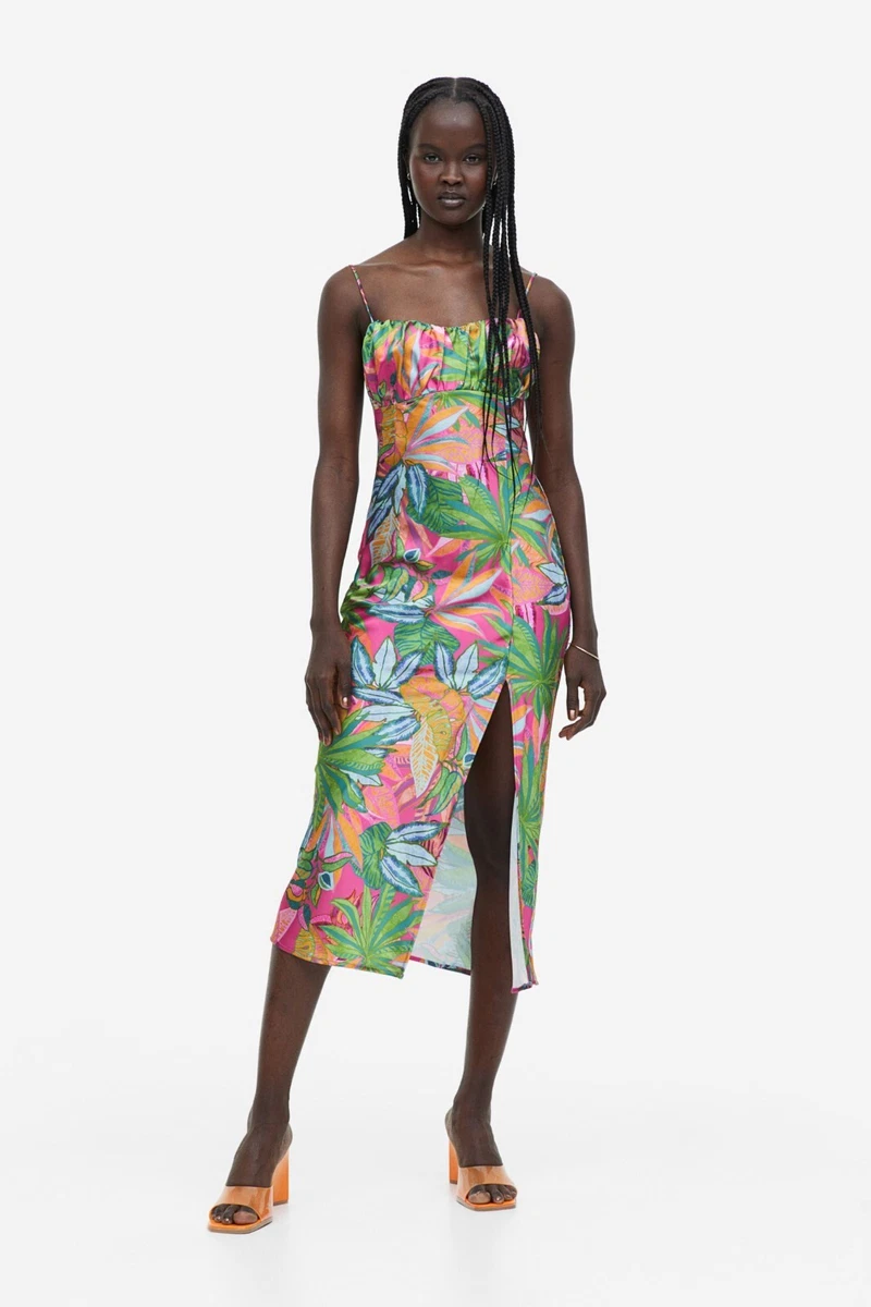 XX H M PATTERNED SATIN DRESS TROPICAL MIDI SUMMER PALM PINK GREEN