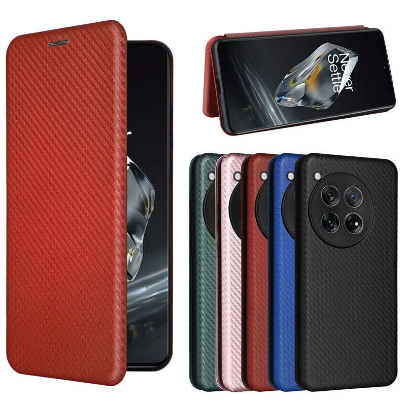 For OnePlus 12 11 12R Carbon Fiber Flip Leather Magnetic Wallet Phone Case Cover