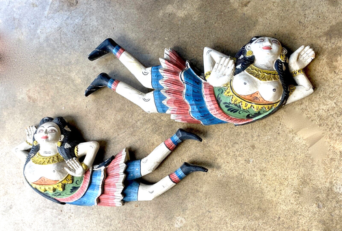 Pr Colorful Hand Carved & Painted Wood Women Wall Plaques; Indonesia, 20+" Long - Picture 1 of 21