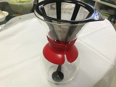 BODUM POUR OVER 8 CUP COFFEE MAKER + NEW MESH FILTER, RED BAND- RARELY USED
