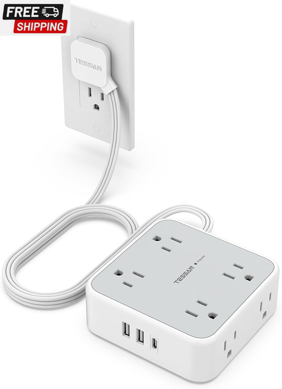 Surge Protector Flat Extension Cord Flat Plug Power Strip, 8 AC Outlets, 3 USB C-image