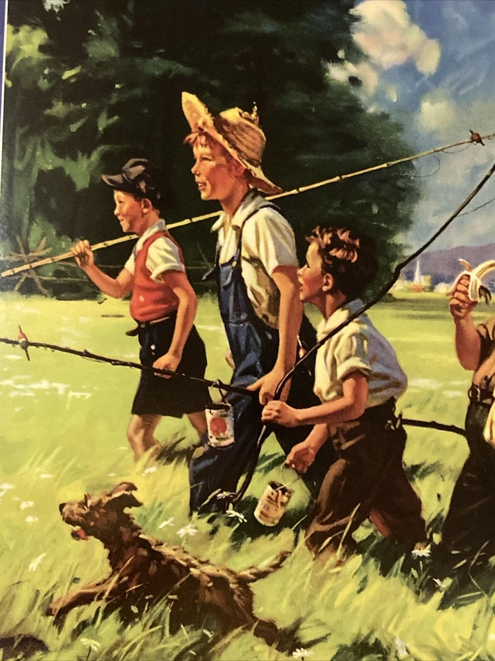 Niños Pesca "El primer bocado" reimpresión de litografía por Hy HintermeisterCa. 1952 Foto 4 de 4