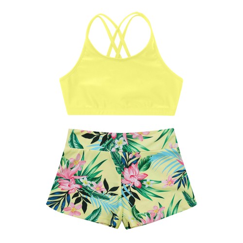 Girls Print Athletic Tankini Set Sport Crop Top with Swim Short Bathing Suits - Picture 112 of 143