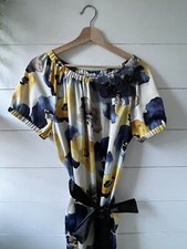 Simply Vera Wang Women Dress Sz L Short Sleeve Knee Length Floral  Blue Yellow