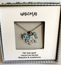 Unicorn Necklace Silver Plated Crystal Pendant 18" Teal Blue Free Spirit New Box