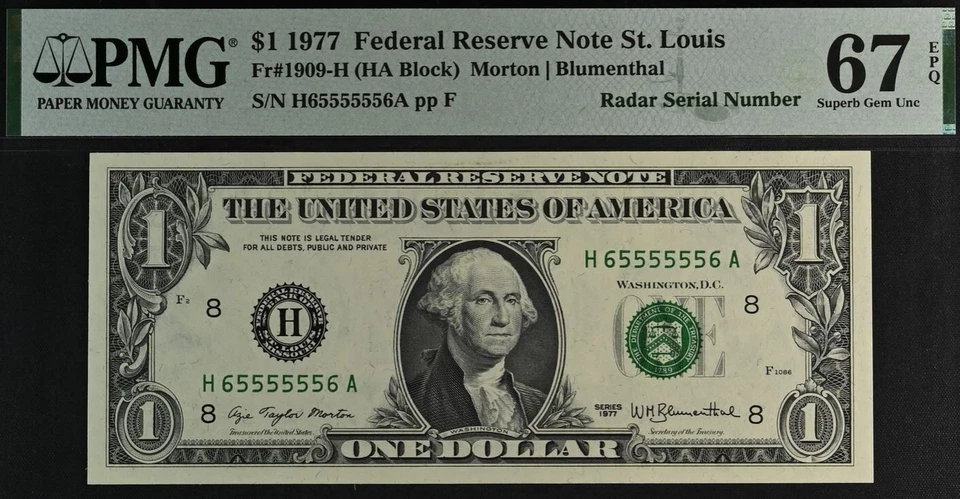 Top Pop 1977 $1 FRN PMG 67EPQ Finest gem super radar serial number 65555556 - Image 3 of 4