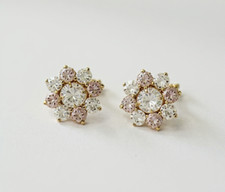 14K Gold CZ Pink Clear Flower Stud Push Back Earrings Floral Cluster Studs