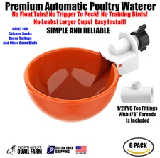 10 Chicken Watering Cups w/Tee  Fully Automatic! No Peck! No Leak! FREE SHIPPING