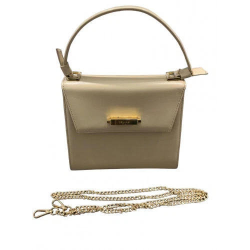 Borsa a tracolla CELINE logo a 2 vie raccordi in metallo pelle bianca beige dal Giappone