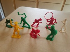8 Vintage Aurora Tim-Mee Plastic Cowboys Indians 2 1/2" Yellow Red Green White
