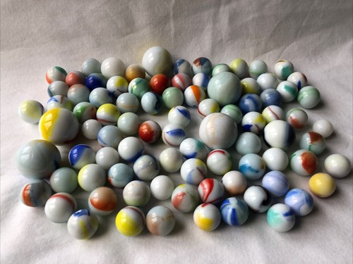 Vintage Toy Milk White Glass Marbles Blue Orange Green red Streaks Flecks
