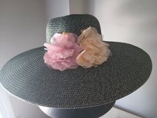 Big Wide Brim Navy hat for Beach or Church with pink floral decoration
