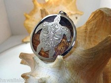 39mm Hawaiian Rhodium Brass Genuine Inlaid Koa Wood Reversible Turtle Pendant 1