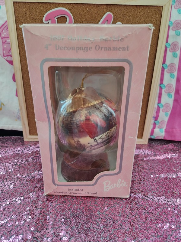 1997 Holiday Barbie 4" Decoupage Ball Ornament with Wooden Stand