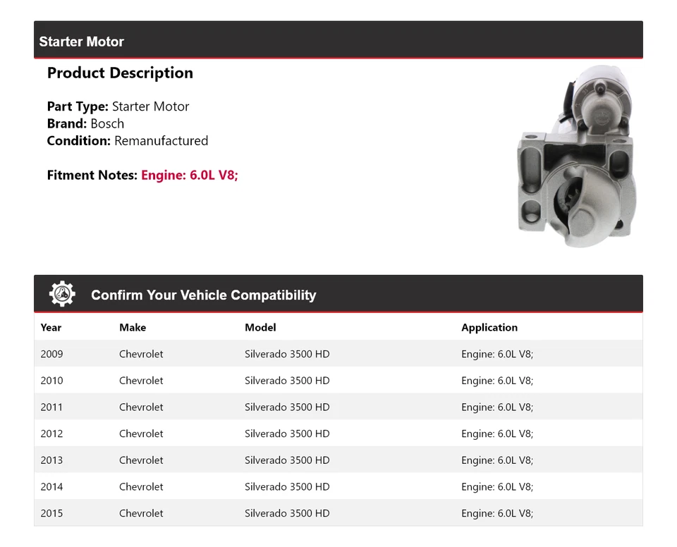 For 2009-2015 Chevrolet Silverado 3500 HD 6.0L V8 Bosch Starter (Remanufactured) - Image 2 of 4