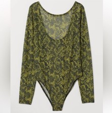 H M Black/Yellow Mesh Long Sleeve Snake Print Bodysuit Size XS
