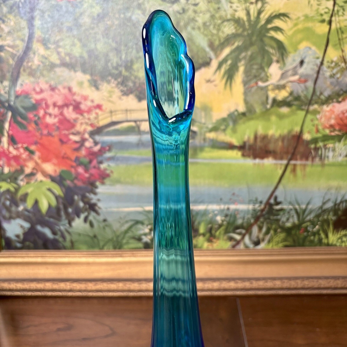 Vtg Valencia Fenton BLUE Art Glass Swung Vase Pedestal 15
