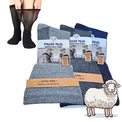 Men's Merino Wool Blend Diabetic Socks, Extra-Wide Top, Reinforced Heel & Toe UK