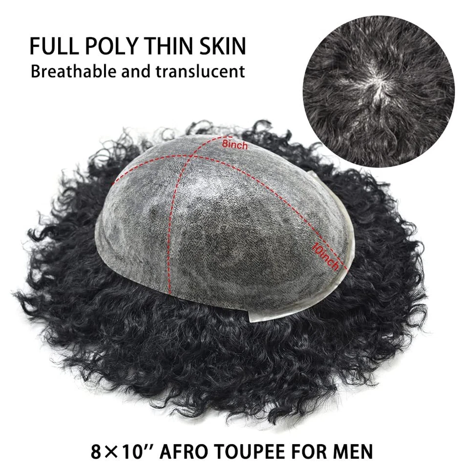 Pelucas sistema de reemplazo de cabello humano rizado rizado todo PU afro toupee para hombres negros Foto 3 de 4